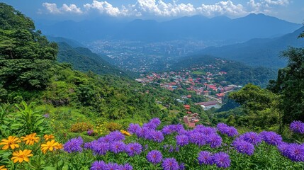 Fototapeta premium Panoramic Mountain View with Vibrant Purple Flowers