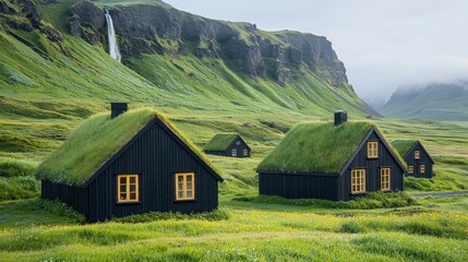 Obraz premium Icelandic Turf Houses in a Serene Valley Landscape