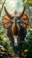 Obraz premium Majestic Triceratops Roaming the Lush Jungle Habitat Among Tall Trees and Dense Foliage