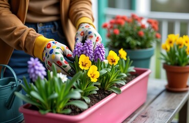Woman plants flowers in spring balcony planter box. Colorful spring flowers like pansies, muscari in pink flowerpot. Woman wearing gardening gloves transplants spring flowers. Home gardening hobby in
