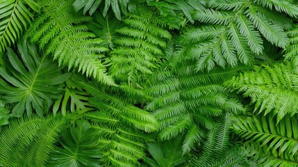 Lush green fern and tropical leaves background texture. Ideal for nature websites or designs