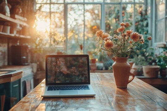 Morning sunlight fills a cozy workspace with a laptop and fresh flowers on the table in a homey kitchen