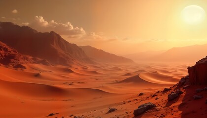 Naklejka premium Vast Martian landscape stretches under warm sun. Red dunes, rocky mountains. Arid, dry scenery with soft shadows. Scenic desert landscape evokes journey through Mars. Beautiful natural environment.