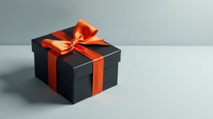 Fototapeta premium A stylish black gift box with an elegant orange ribbon bow, perfect for a special occasion