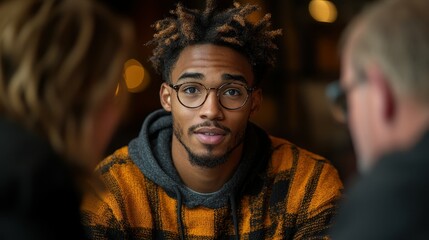 A young man in an orange and black patterned sweater engages in an animated discussion with two other individuals in a cozy cafe setting during the evening, surrounded by warm lighting