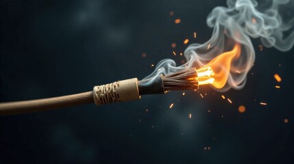 Igniting a Small Brush with Fiery Embers and Smoky Trails on a Dark Background