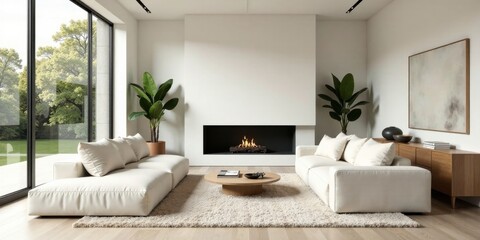 Modern minimalist living room interior design featuring a fireplace and large windows showcasing tranquil outdoor scenery