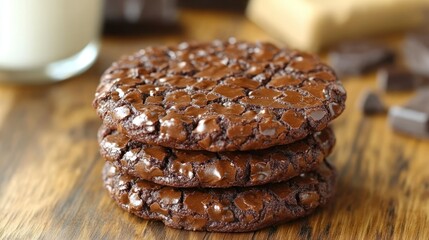 Delicious Triple Chocolate Brownie Cookies on Wooden Table