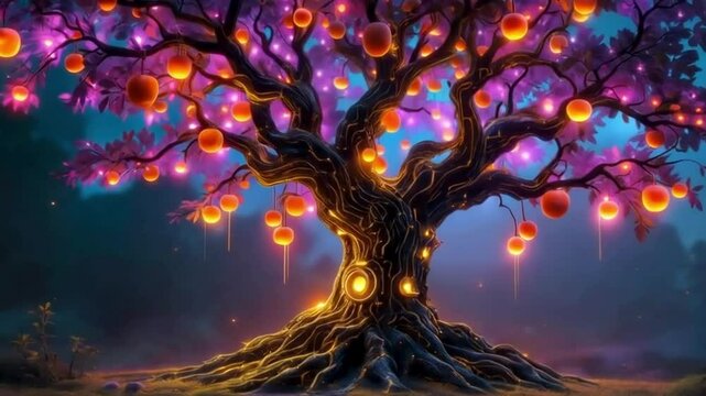 a fantastical tree with a thick, gnarled trunk and sprawling branches