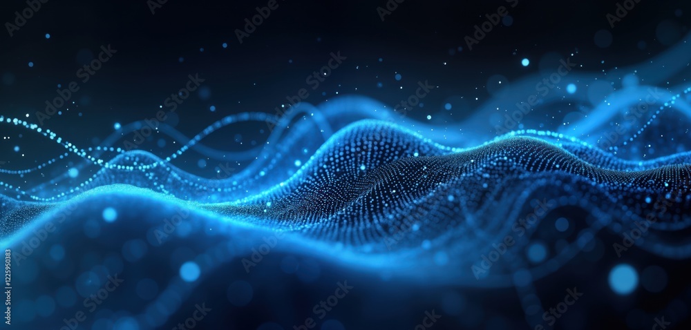 Leinwandbilder abstract illustration of glowing blue light beam with particles, lines on dark background. dynamic p