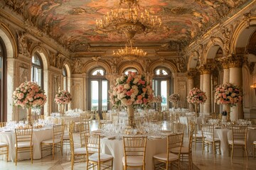 Elegant banquet hall richly decorated with floral arrangements and ornate architecture for a grand event near sunset