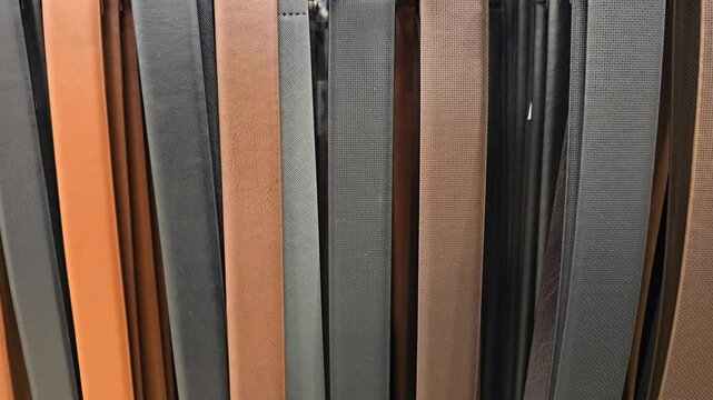Display of leather belts in different colors hanging on rack in store, retail accessory section with metal buckles, close up view of fashion items arranged in row