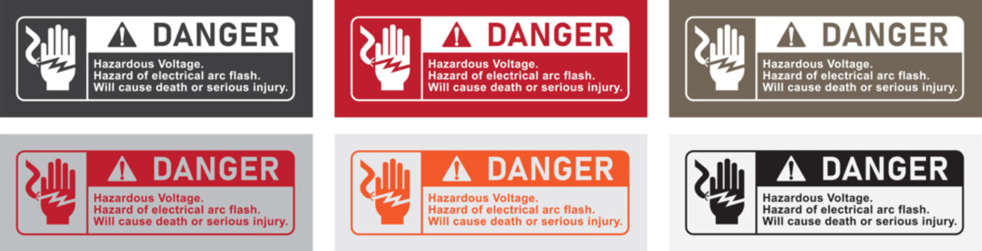 Danger sign warning of hazardous voltage and risk of electrical arc flash with a graphic of a hand being shocked and an exclamation mark symbol emphasizing serious injury or death risk
