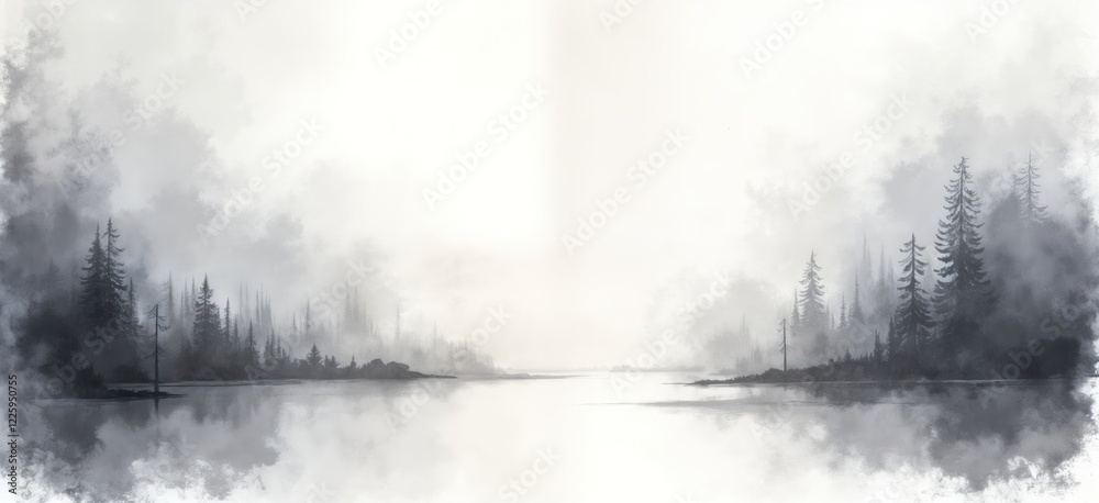 Poster Misty forest scene by a lake. Silhouettes of trees are reflected on a calm lake. Soft light filters through the fog. Tranquil and serene landscape. Nature art piece.