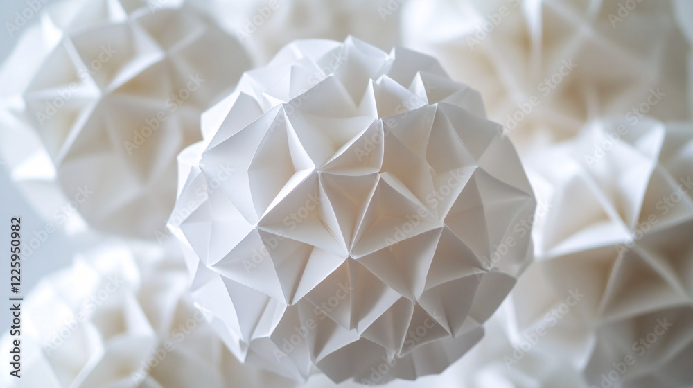 Poster White origami spheres creating three dimensional geometric pattern