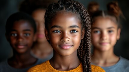 Obraz premium A group of children, including a girl with braided hair in a bright sweater, smile warmly. They stand together in a cozy indoor space, enjoying each other's company during the afternoon light