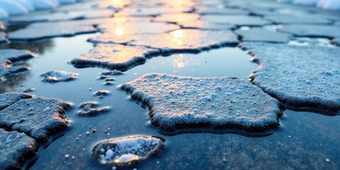 Fototapeta premium Frozen Puddles on a Cobblestone Surface at Dawn A Close-up View of Winter's Subtle Beauty