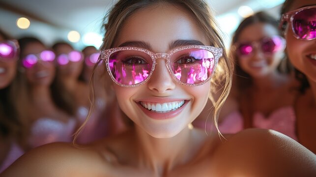 A joyful group of friends poses for a selfie, all wearing matching pink outfits and sunglasses. They are celebrating together in a brightly lit indoor space filled with laughter - Powered by Adobe