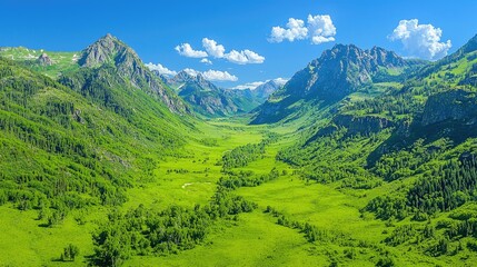 Fototapeta premium Lush green mountain valley, sunny summer day, aerial view, nature landscape, travel poster