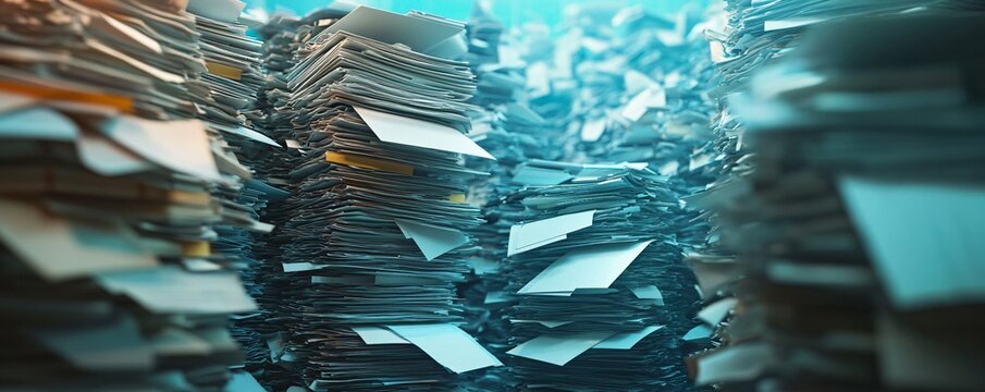 Stacked paperwork creating huge piles representing bureaucracy
