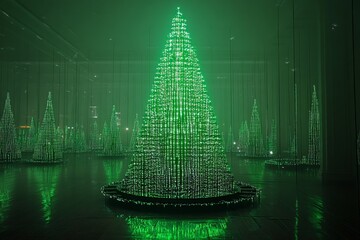 Enchanting green light display creates a forest of glowing trees in a modern exhibition space