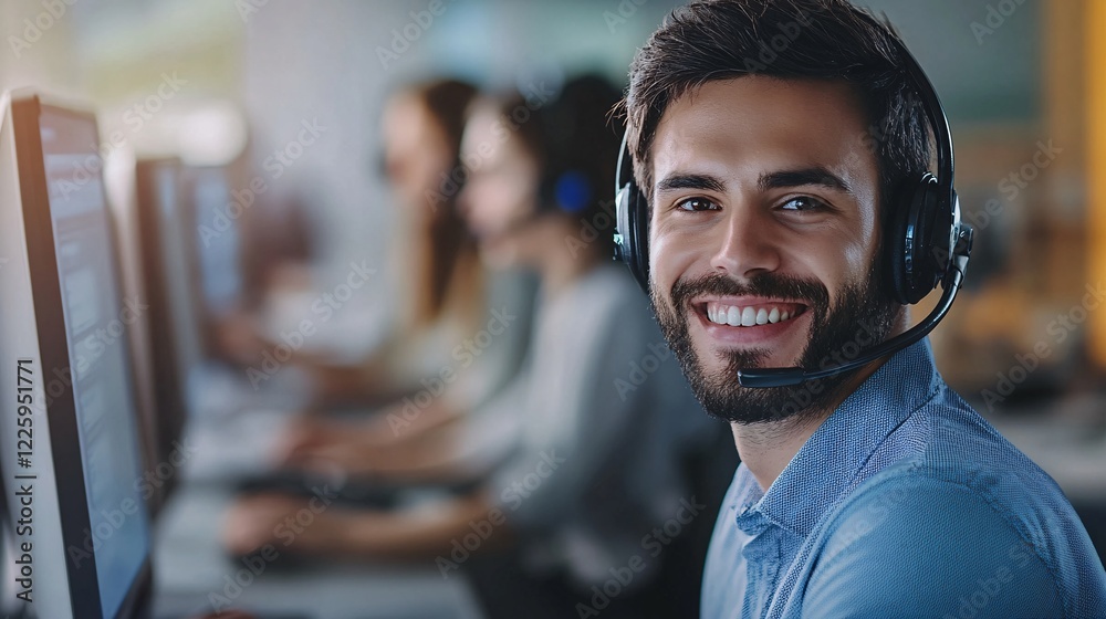 Poster handsome male call center agent smiling while working in a busy office