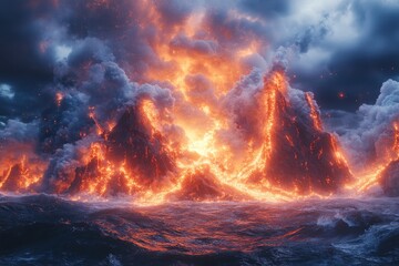 Mysterious Underwater Volcano Erupting Lava into Dark Abyss, Submarine Geology Illustration with Glowing Molten Rock Dramatically Flowing Undersea
