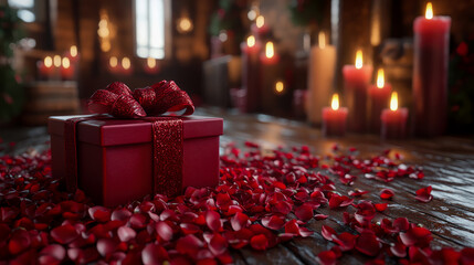 Romantic Gift: Red Present with Rose Petals and Candles