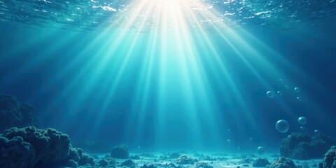 Naklejka premium Ocean Depths Sunbeams Illuminate Underwater Coral Reef Scene with Rising Air Bubbles