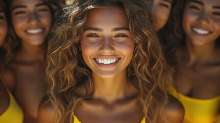 Fototapeta premium A cheerful group of friends gathers together, all wearing vibrant yellow swimwear. They share joyful smiles under the warm summer sun, showcasing their bond and happiness