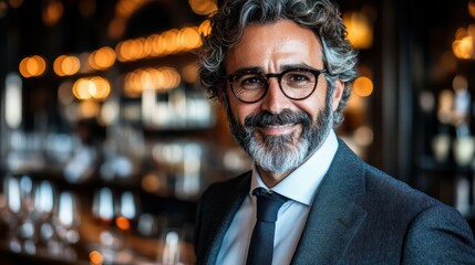 A well-dressed man with curly hair and glasses stands confidently in a stylish bar, warmly smiling. The soft lighting creates an inviting atmosphere as patrons enjoy their drinks