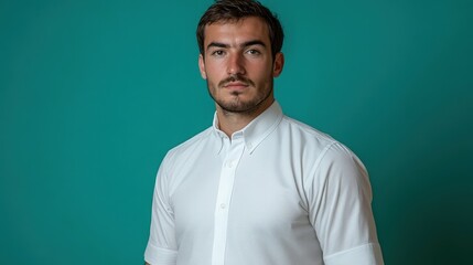 A young man stands with a serious expression against a teal background. He wears a crisp white shirt and appears ready for a professional engagement or event
