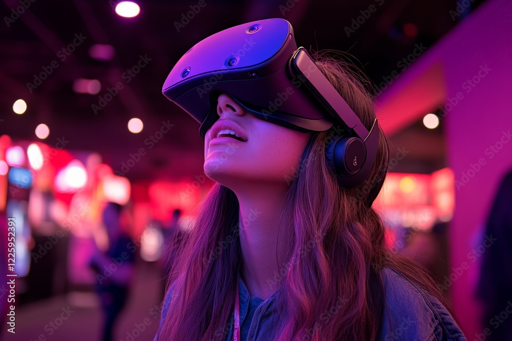 Poster young woman experiences immersive virtual reality at a tech event in a vibrant atmosphere with color