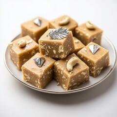 A plate of deliciousa plate of kaju katli sweets diamond, square-shaped confections topped with cashews and decorative silver, showcasing a rich, sweet treat.
