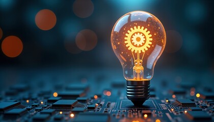 Innovative tech solution concept. Bright light bulb with gear graphic sits on circuit board. Modern idea for process improvement, business productivity. Light shows visionary business strategy.