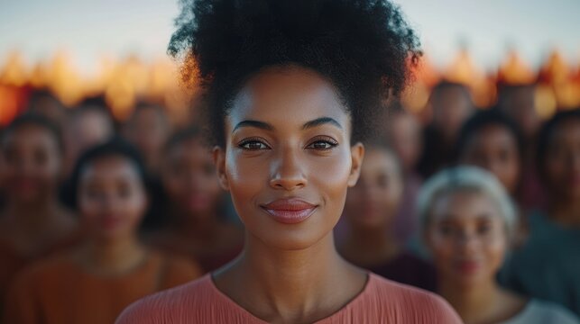 A woman with curly hair smiles confidently in the foreground, surrounded by a diverse group of people during a vibrant sunset. The atmosphere radiates warmth and unity