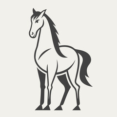 Stylized black and white vector illustration of a horse standing in profile with a flowing mane and tail, designed with clean lines and minimal detail on a light background