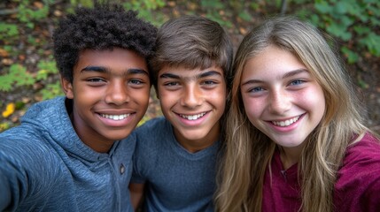 Obraz premium Three friends smile brightly as they take a selfie in a vibrant green forest. The scene captures their joy and friendship during a fun outdoor gathering