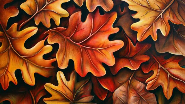 Colorful autumn leaves create a vibrant tapestry of orange and brown hues on a dark backdrop in a seasonal display