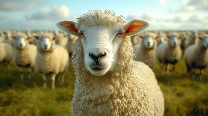 Fototapeta premium A prominent sheep stands in the foreground while a herd grazes in the background. The bright sky and lush greenery create a serene countryside atmosphere