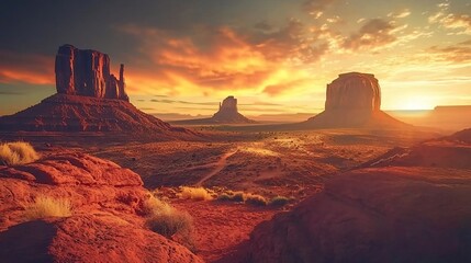 Majestic sunset over Monument Valley showcasing towering rock formations and expansive desert landscape