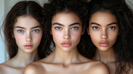 Obraz premium Three young women with different hair textures and beautiful blue eyes are standing closely together, showcasing their natural beauty and unique features in a softly lit room