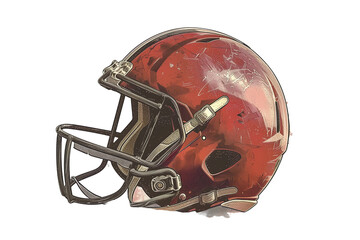 Fototapeta premium Historic Football Helmet Showcasing Wear and Tear From Intense Games During Autumn Season - Vintage Illustration, Isolated on White Transparent Background, PNG