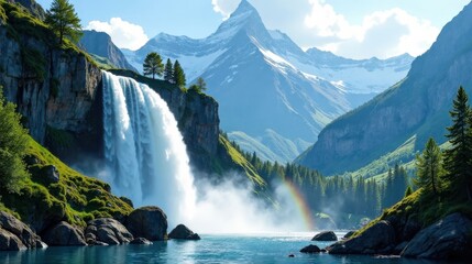 Fototapeta premium Majestic Waterfall Cascades into Pristine Lake, Surrounded by Verdant Mountains and a Vibrant Rainbow