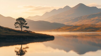 Obraz premium Serene landscape featuring a solitary tree by a tranquil lake, surrounded by majestic mountains at dawn
