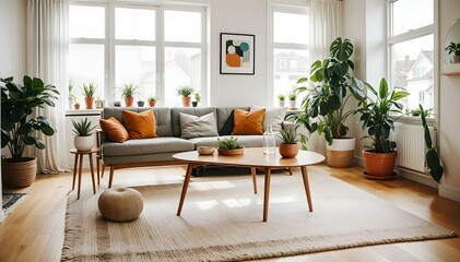 Fototapeta premium Scandinavian stylish nordic light living room with many green plants and cozy sofa