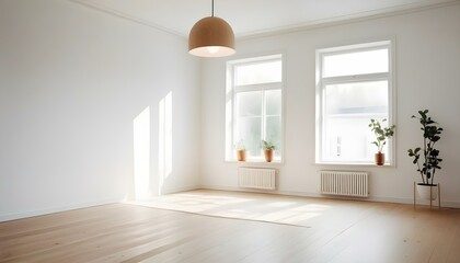 Almost empty scandinavian modern living room with window. Scandinavian stylish nordic light