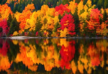 Obraz premium vibrant autumn foliage reflections tranquil lake multicolored leaves calm water surface showcasing beauty, nature, scenery, scenic, seasonal, tree, landscape