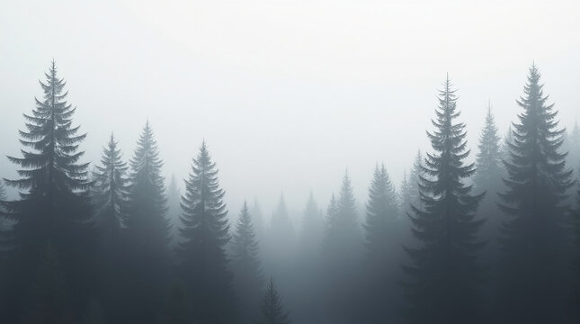 Pine tree with fog in gray tones background