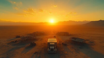 Sunset over Deserted Landscape with Truck